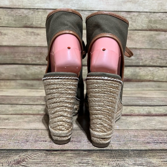 Tory Burch Green Canvas Wedge Lace Up Espadrilles - Picture 2 of 9
